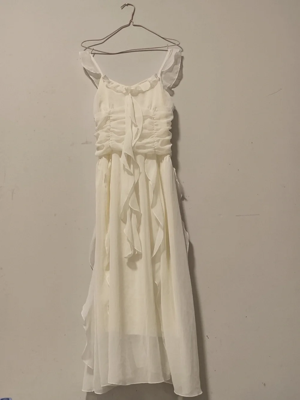 Romantic White Chiffon Ruffled Midi Dress
